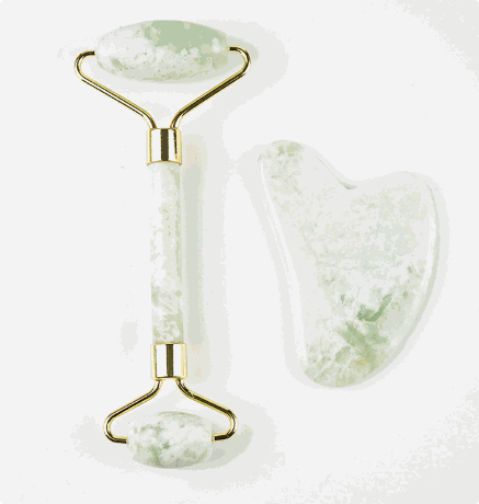 White jade facial roller and gua sha set for skincare massage and puffiness reduction