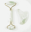 White jade facial roller and gua sha set for skincare massage and puffiness reduction