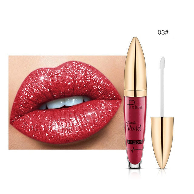 Matte shimmer glitter liquid lipstick tube with applicator wand and sparkling finish